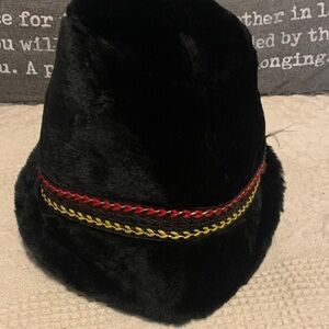 Vintage Black Faux Fur Hat with Red and Yellow Trim made in the USA.